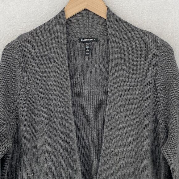 EILEEN FISHER Cardigan XS Extra Fine Merino Wool Rib Open Front Long Sleeve Gray - Picture 4 of 14